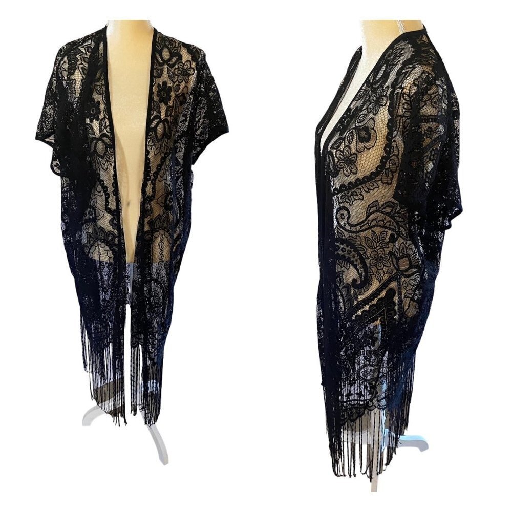 BeBe Bohemian Fringe Hem Floral Lace Kimono Cover Up Cardigan, One Size